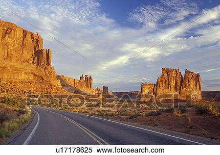 Arches National Park, Moab, UT, Utah, Scenic view of Courthouse Towers along the park road in Arches Nat'l Park in Moab. View Large Photo Image Stock Photography - Arches National Park, Moab, UT, Utah, Scenic view of Courthouse Towers along the park road in Arches Nat'l Park in Moab. . Fotosearch