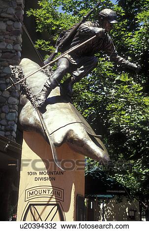 Stock Image -  Aspen, CO, Colorado, Statue of a skier in downtown Aspen, resort town. Fotosearch
