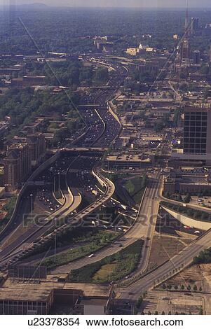 Atlanta, GA, Georgia, Aerial view of downtown Atlanta facing North, from Westin Peachtree Plaza Hotel, I75-85 View Large Photo Image Picture - Atlanta, GA, Georgia, Aerial view of downtown Atlanta facing North, from Westin Peachtree Plaza Hotel, I75-85. Fotosearch