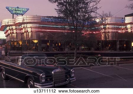 Stock Image -  Atlanta, GA, Georgia, Buckhead, Buckhead Diner, neon lights, evening, restaurant. Fotosearch