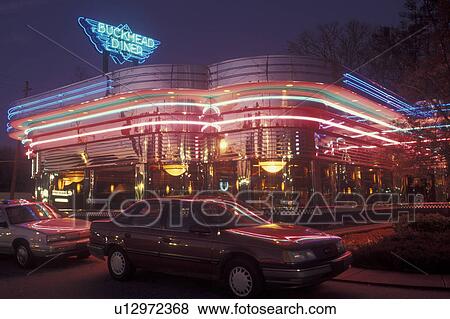 Stock Photo -  Atlanta, GA, Georgia, Buckhead, Buckhead Diner, neon lights, evening, restaurant. Fotosearch