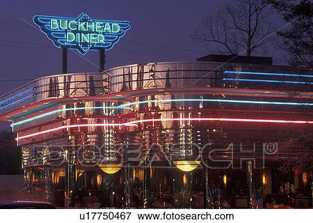 Stock Photo -  Atlanta, GA, Georgia, Buckhead, Buckhead Diner, neon lights, evening, restaurant. Fotosearch
