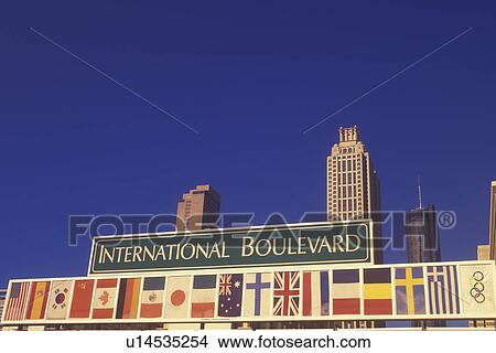 Picture -  Atlanta, GA, Georgia, downtown, skyline, Flags of the countries of the world on International Blvd.. Fotosearch
