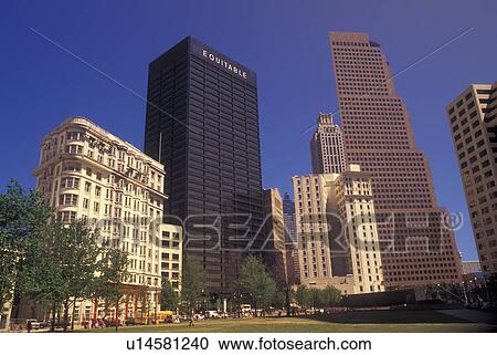 Stock Image -  Atlanta, GA, Georgia, Downtown skyline from Woodruff Park. Fotosearch