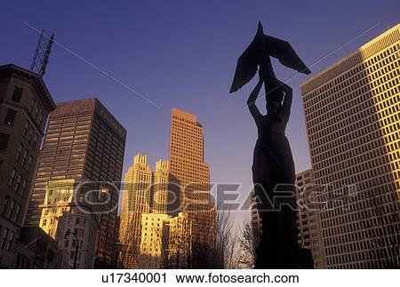 Stock Image -  Atlanta, GA, Georgia, Downtown, high-rise buildings, Woodruff Park, Phoenix statue. Fotosearch