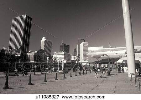 Stock Photo -  Atlanta, GA, Georgia, Downtown skyline, Underground Atlanta, black & white. Fotosearch