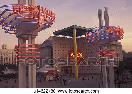 Stock Image -  Atlanta, GA, Georgia, Kenny's Alley & World of Coca-Cola at Underground Atlanta, neon lights, evening. Fotosearch