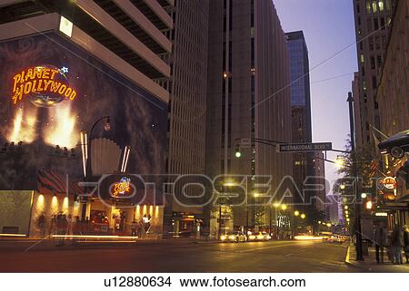 Picture -  Atlanta, GA, Georgia, Planet Hollywood, Peachtree Street, downtown, evening. Fotosearch