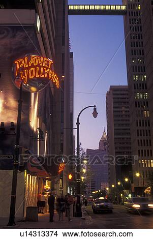 Picture -  Atlanta, GA, Georgia, Planet Hollywood, Peachtree Street, downtown, evening. Fotosearch