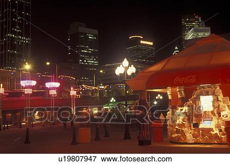 Stock Photo -  Atlanta, GA, Georgia, Underground Atlanta, World of Coca-Cola, evening, downtown skyline. Fotosearch