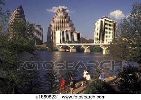 Stock Image -  Austin, TX, Texas, Colorado River, downtown skyline, riverfront park. Fotosearch