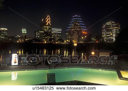 Austin, TX, Texas, Colorado River, downtown skyline from Hyatt Regency swimming pool, evening View Large Photo Image Stock Photography - Austin, TX, Texas, Colorado River, downtown skyline from Hyatt Regency swimming pool, evening. Fotosearch