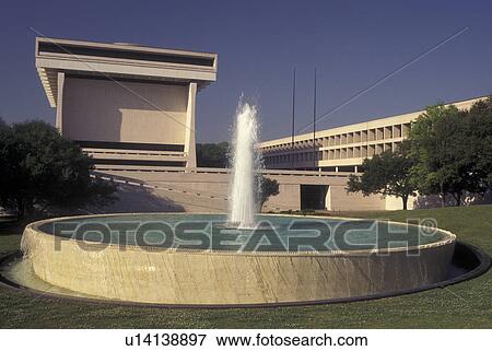 Stock Photo -  Austin, TX, Texas, University of Texas, Lyndon Baines Johnson Library & Museum, fountain. Fotosearch