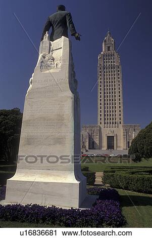 Stock Image -  Baton Rouge, LA, Louisiana, Louisiana State Capitol & Statue of Huey Pierce Long. Fotosearch