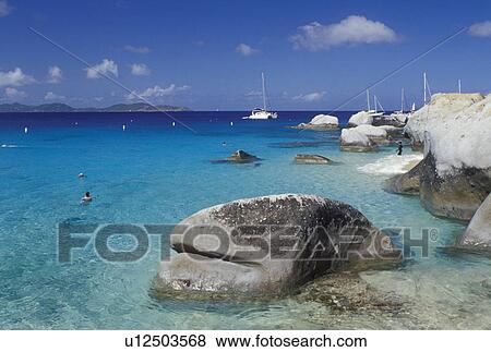 Stock Photo -  beach, BVI, Virgin Gorda, The Baths, British Virgin Islands, Caribbean, Snorkeling along the rocky coastline of Devils Bay Nat'l Park at The Baths on Virgin Gorda on the Caribbean Sea.. Fotosearch