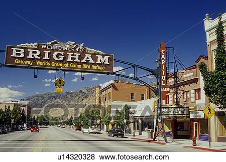 Brigham City, UT, Utah, downtown, welcome sign View Large Photo Image Stock Photo - Brigham City, UT, Utah, downtown, welcome sign. Fotosearch