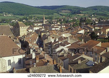 Stock Image -  Burgundy, France, Cluny, Saone-et-Loire, Bourgogne, Europe, wine region, Aerial view of the town of Cluny.. Fotosearch