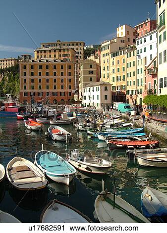 Stock Image -  Camogli, Riviera di Levante, Liguria, Italy, Ligurian Riviera, Europe, Fishing boats docked along the waterfront of the fishing port in the resort town of Camogli along the Ligurian Sea.. Fotosearch