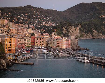 Camogli, Riviera di Levante, Liguria, Italy, Ligurian Riviera, Europe, Scenic view of the fishing port in the resort town of Camogli at sunset along the Ligurian Sea. View Large Photo Image Stock Photograph - Camogli, Riviera di Levante, Liguria, Italy, Ligurian Riviera, Europe, Scenic view of the fishing port in the resort town of Camogli at sunset along the Ligurian Sea.. Fotosearch