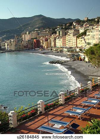 Stock Photography -  Camogli, Riviera di Levante, Liguria, Italy, Ligurian Riviera, Europe, Scenic view of the waterfront of the resort town of Camogli from the terrace of a resort hotel along the Ligurian Sea.. Fotosearch