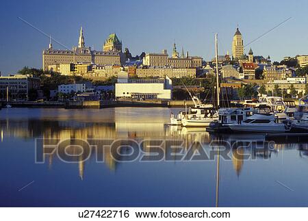 Stock Photograph -  Canada, Quebec City, Quebec, Downtown skyline of Quebec City from the marina in the harbor.. Fotosearch