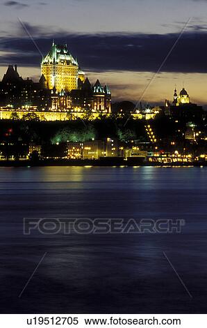Stock Photography -  Canada, Quebec City, Quebec, Scenic view of Old Quebec (Vieux Quebec) and the Chateau Frontenac at night along the St. Lawrence River (Fleuve Saint-Laurent) from Levis.. Fotosearch