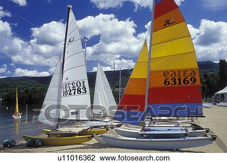 Canada, Quebec, Laurentians, Mount Tremblant, Hobie Cat, Sailboats on the beach along Lac Tremblant in the Laurentian Mountains. View Large Photo Image Stock Image - Canada, Quebec, Laurentians, Mount Tremblant, Hobie Cat, Sailboats on the beach along Lac Tremblant in the Laurentian Mountains.. Fotosearch