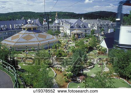 Stock Image -  Canada, Quebec, Laurentians, Mount Tremblant, Tremblant Resort Village from the aerial tramway in the Laurentian Mountains.. Fotosearch