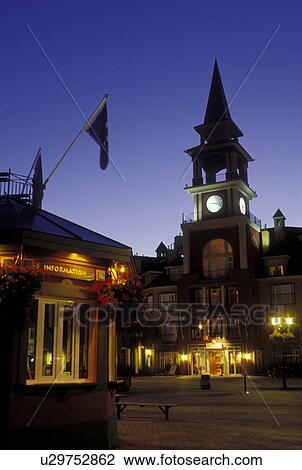 Canada, Quebec, Laurentians, Mount Tremblant, Tremblant Resort Village at night in the Laurentian Mountains. View Large Photo Image Stock Image - Canada, Quebec, Laurentians, Mount Tremblant, Tremblant Resort Village at night in the Laurentian Mountains.. Fotosearch