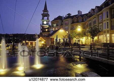 Canada, Quebec, Laurentians, Mount Tremblant, Tremblant Resort Village at night in the Laurentian Mountains. View Large Photo Image Stock Photo - Canada, Quebec, Laurentians, Mount Tremblant, Tremblant Resort Village at night in the Laurentian Mountains.. Fotosearch