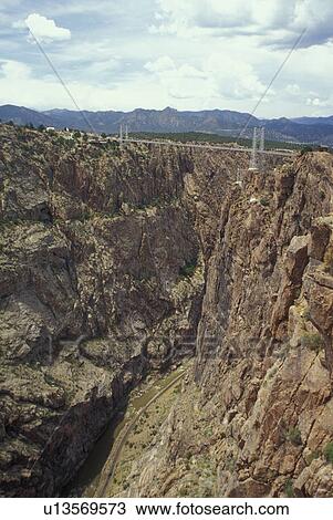Stock Image -  Canon City, CO, Colorado, Royal Gorge Bridge and Park, 1929 World's Highest Suspension Bridge (1053 feet) over the Arkansas River. Fotosearch