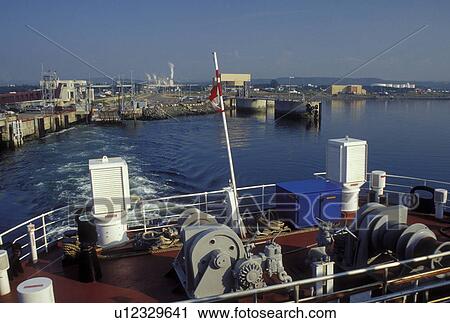 Stock Image -  car ferry, Canada, Gaspesie, Matane, Quebec, Matane-Baie-Coneau Car Ferry leaving Matane along the St. Lawrence River (Fleuve Saint-Laurent). . Fotosearch