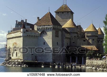 Stock Photo -  castle, Chateau de Chillon, Switzerland, Montreux, Vaud, Lake Geneva, Europe, Chateau de Chillon a 13th century fortress along the lakeshore of Lac Leman in the Canton of Vaud. . Fotosearch