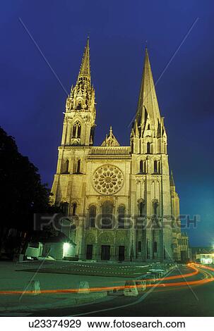 cathedral, Chartres, France, Eure et Loir, Centre, Europe, 13th Century Notre Dame Cathedral illuminated at night in the village of Chartres. View Large Photo Image Stock Photo - cathedral, Chartres, France, Eure et Loir, Centre, Europe, 13th Century Notre Dame Cathedral illuminated at night in the village of Chartres.. Fotosearch