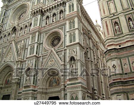 Stock Photography -  cathedral, Florence, Italy, Tuscany, Firenza, Toscana, Europe, The ornate fatade of the Duomo in the Piazza Del Duomo in the city of Florence.. Fotosearch