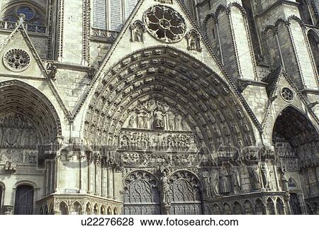 Stock Photo -  cathedral, France, Bourges, Cher, Centre, Europe, Loire Valley, Ornate fatade of Cathedral St. Etienne in the town of Bourges.. Fotosearch