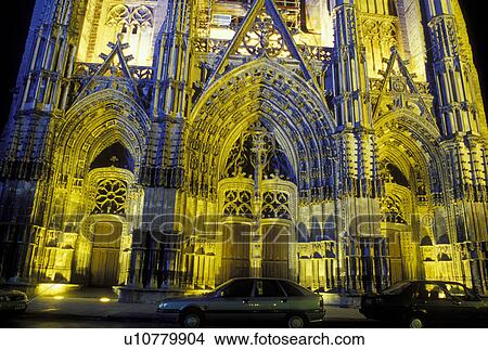 Picture -  cathedral, France, Loire Valley, Loire Castle Region, Tours, Indre-et-Loire, Centre, Europe, Cathedrale St. Gatien in the city of Tours at night.. Fotosearch