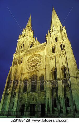 Chartres, France, Eure et Loir, Centre, Europe, 13th Century Notre Dame Cathedral illuminated at night in the village of Chartres. View Large Photo Image Stock Photo - Chartres, France, Eure et Loir, Centre, Europe, 13th Century Notre Dame Cathedral illuminated at night in the village of Chartres.. Fotosearch