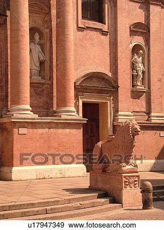Stock Photo -  church, Emilia-Romagna, Italy, Reggio nell'Emilia, Europe, Red marble lion statues guard the15th-century Chiesa di San Prospero in the town of Reggio Emilia.. Fotosearch