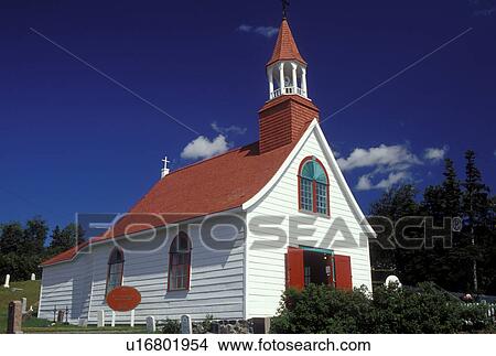 Picture -  church, Tadoussac, Canada, Quebec, Le Chapel Tadoussac (Tadoussac Chapel) with red roof in the summer resort town of Tadoussac.. Fotosearch
