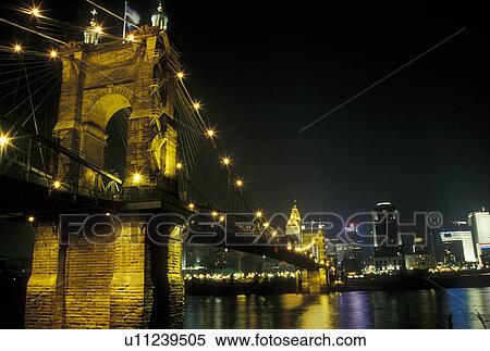Cincinnati, OH, Ohio, John A. Roebling Bridge, downtown skyline along the Ohio River, evening View Large Photo Image Stock Photography - Cincinnati, OH, Ohio, John A. Roebling Bridge, downtown skyline along the Ohio River, evening. Fotosearch