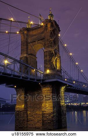 Cincinnati, OH, Ohio, John A. Roebling Bridge, Ohio River, evening View Large Photo Image Stock Photography - Cincinnati, OH, Ohio, John A. Roebling Bridge, Ohio River, evening. Fotosearch