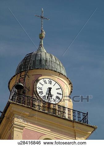 Stock Photograph -  clock tower, Liguria, Italy, Camogli, Riviera di Levante, Ligurian Riviera, Europe, Clock tower in the resort town of Camogli along the Ligurian Sea.. Fotosearch
