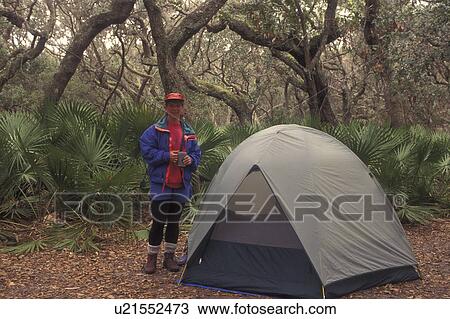 Cumberland Island National Seashore, GA, Golden Isles, barrier island, Georgia, Woman camping at Sea Camp Campground, Live Oak Trees, Palmetto Leaves, tent View Large Photo Image Stock Image - Cumberland Island National Seashore, GA, Golden Isles, barrier island, Georgia, Woman camping at Sea Camp Campground, Live Oak Trees, Palmetto Leaves, tent. Fotosearch