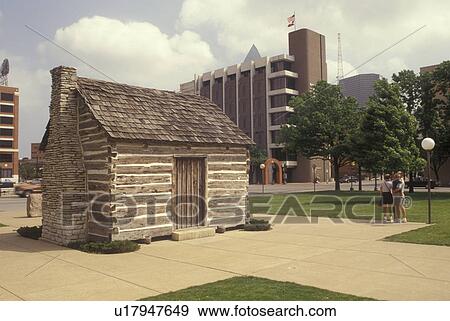 Stock Photo -  Dallas, TX, Texas, downtown, Dallas County Historical Plaza, John Neely Bryan Cabin. Fotosearch