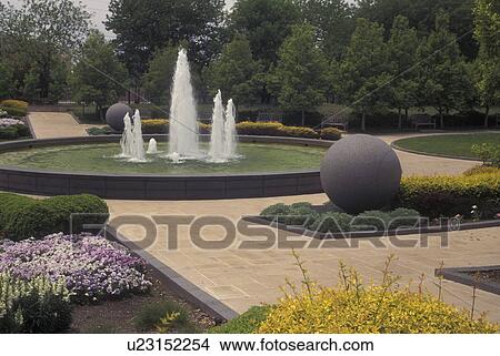 Picture -  Dallas, TX, Texas, Fair Park, Garden at Dallas Horticulture Center, fountain. Fotosearch