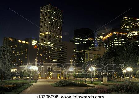 Stock Photo -  Denver, CO, Colorado, Downtown skyline of Denver from the Civic Center, evening. Fotosearch