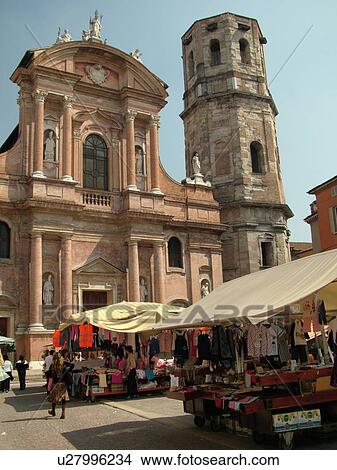 Picture -  Emilia-Romagna, Italy, Reggio nell'Emilia, Europe, Market day outside the Chiesa di San Prospero in the Piazza di San Prospero in the town of Reggio Emilia.. Fotosearch
