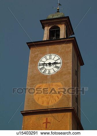 Stock Image -  Emilia-Romagna, Italy, Reggio nell'Emilia, Europe, Clock tower in the town of Reggio Emilia.. Fotosearch