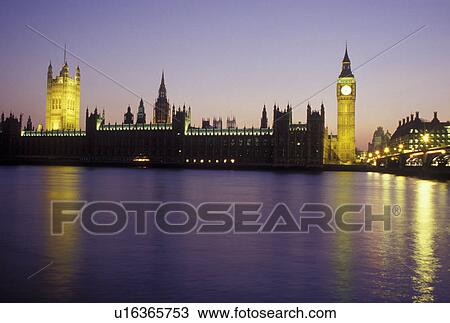Stock Image -  England, London, Great Britain, United Kingdom, Europe, Houses of Parliament in Westminster along the River Thames in the evening. . Fotosearch